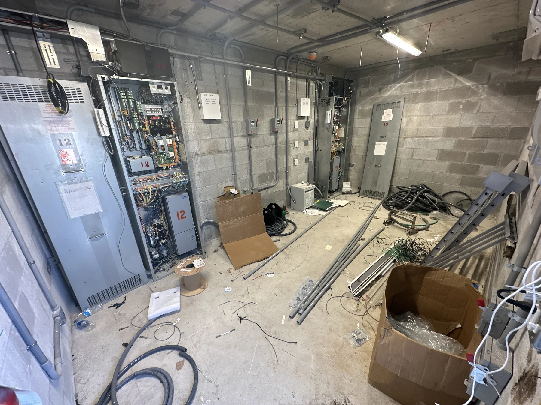 Control cabinets and equipment in an elevator machine room